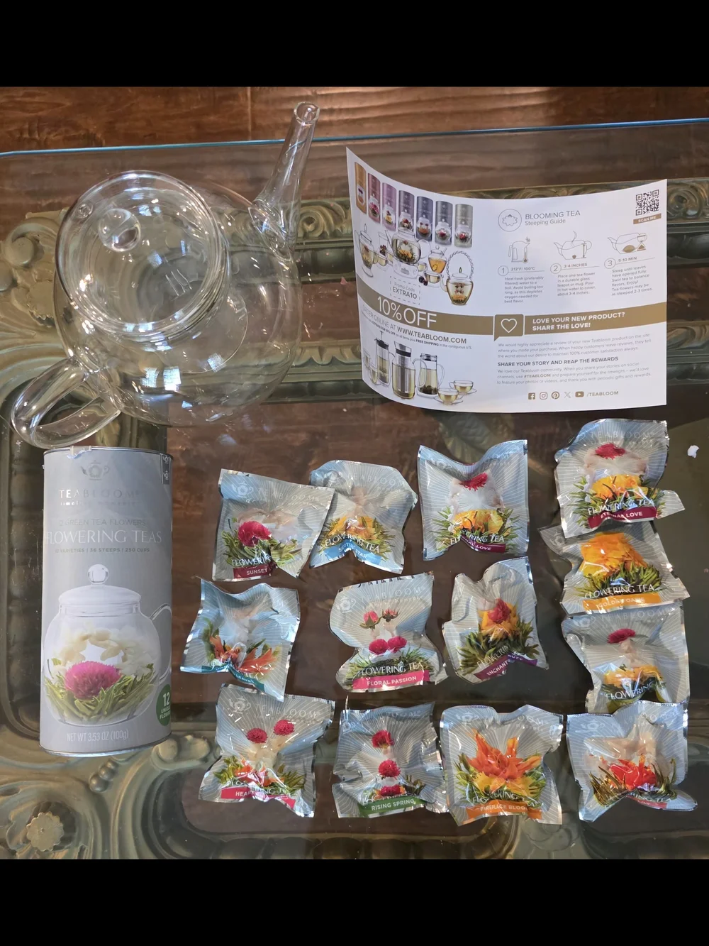 Teabloom Celebration Teapot, Blooming Flower Tea pods & Elegant Sugar Bowl Set